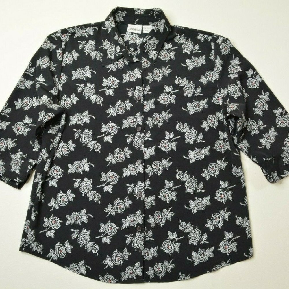 VTG Modern Essentials Sz L Womens BLACK White FLORAL 3/4 Sleeve Button Up BLOUSE